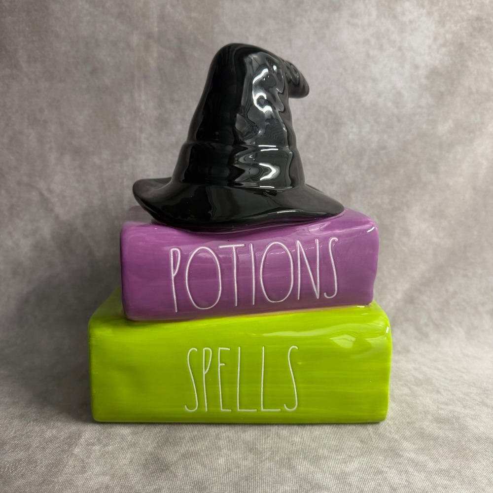Rae Dunn Halloween Decor Potions Spells Book Stack With Witch Hat Green Purple